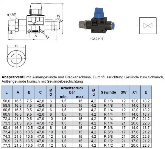 Maßtabelle Riegler® Absperrhahn Standard mit Außengewinde und Steckanschluss
